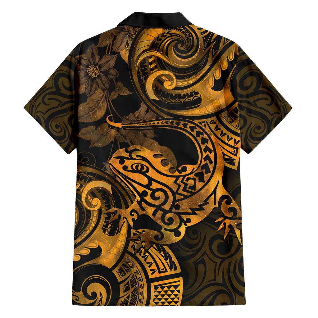 New Zealand Tuatara Family Matching Long Sleeve Bodycon Dress and Hawaiian Shirt Aotearoa Maori Clematis Flowers - Gold LT14 - Polynesian Pride