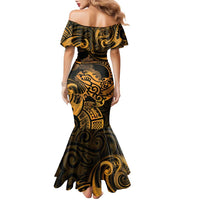New Zealand Tuatara Family Matching Mermaid Dress and Hawaiian Shirt Aotearoa Maori Clematis Flowers - Gold LT14 - Polynesian Pride