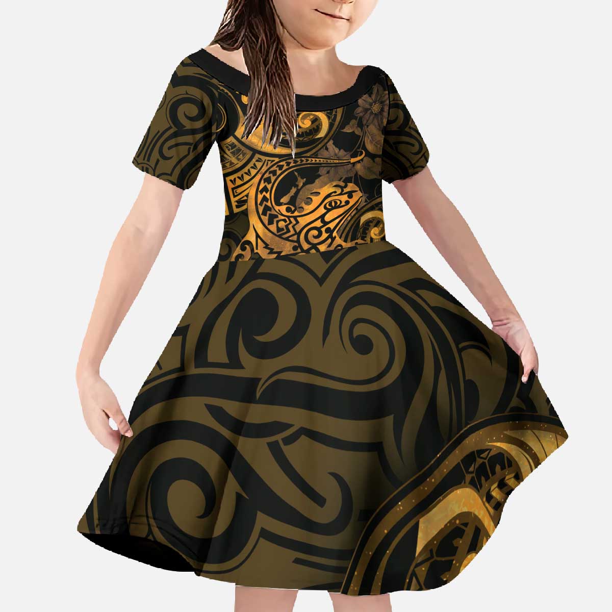 New Zealand Tuatara Family Matching Off The Shoulder Long Sleeve Dress and Hawaiian Shirt Aotearoa Maori Clematis Flowers - Gold LT14 Daughter's Dress Gold - Polynesian Pride