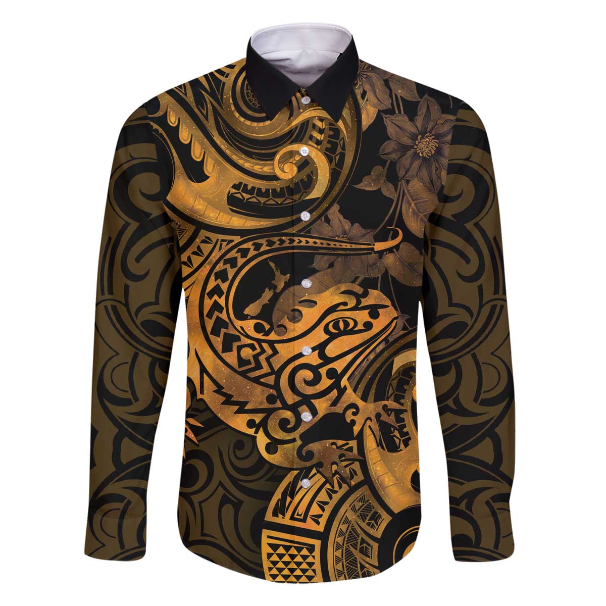 New Zealand Tuatara Family Matching Off The Shoulder Long Sleeve Dress and Hawaiian Shirt Aotearoa Maori Clematis Flowers - Gold LT14 Dad's Shirt - Long Sleeve Gold - Polynesian Pride