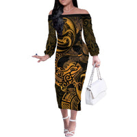 New Zealand Tuatara Family Matching Off The Shoulder Long Sleeve Dress and Hawaiian Shirt Aotearoa Maori Clematis Flowers - Gold LT14 Mom's Dress Gold - Polynesian Pride