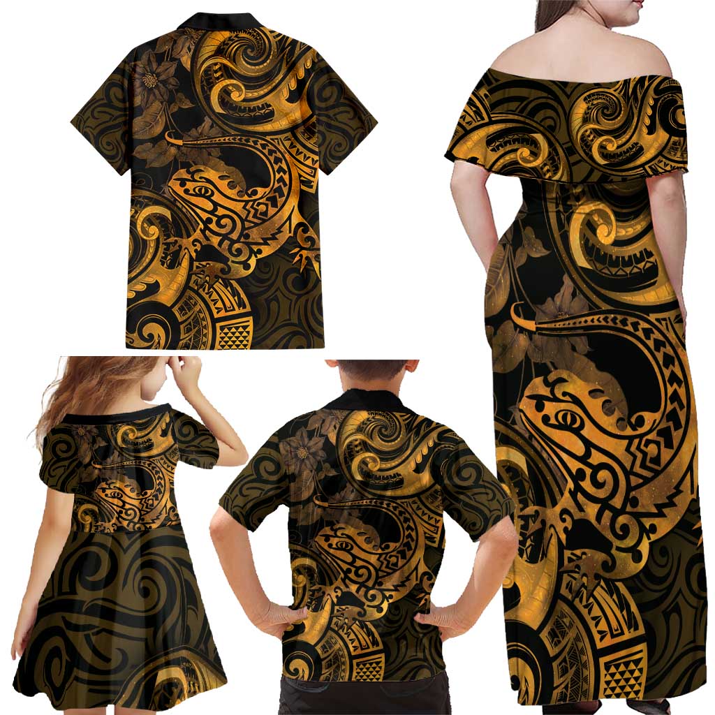 New Zealand Tuatara Family Matching Off Shoulder Maxi Dress and Hawaiian Shirt Aotearoa Maori Clematis Flowers - Gold LT14 - Polynesian Pride