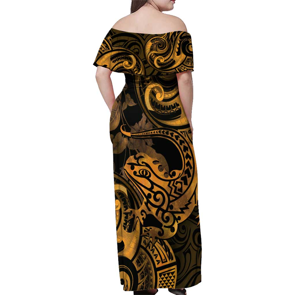 New Zealand Tuatara Family Matching Off Shoulder Maxi Dress and Hawaiian Shirt Aotearoa Maori Clematis Flowers - Gold LT14 - Polynesian Pride