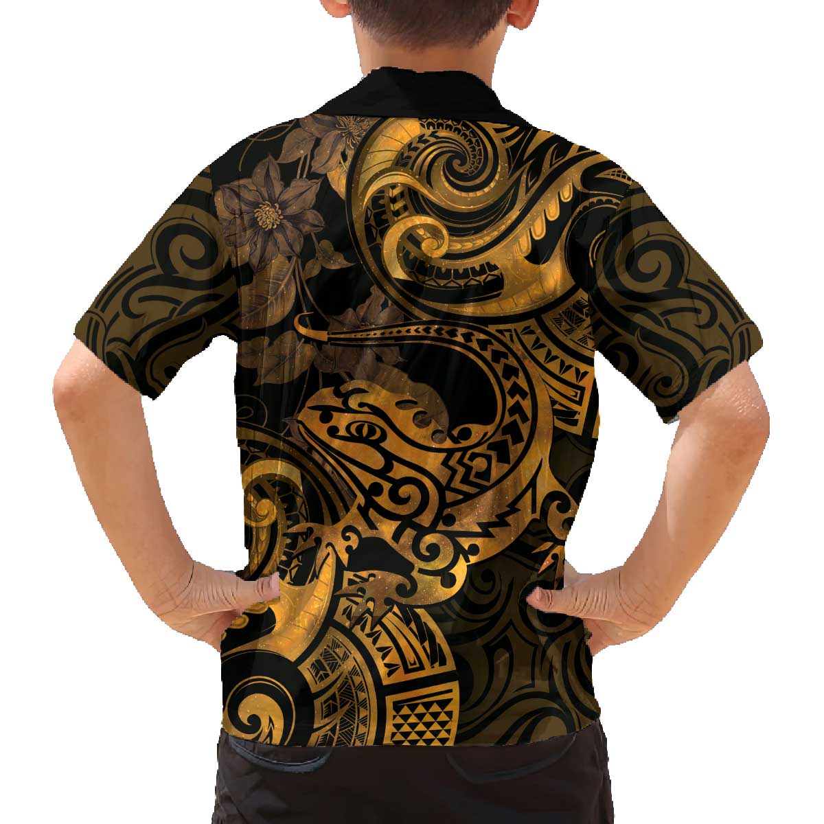 New Zealand Tuatara Family Matching Puletasi and Hawaiian Shirt Aotearoa Maori Clematis Flowers - Gold LT14 - Polynesian Pride