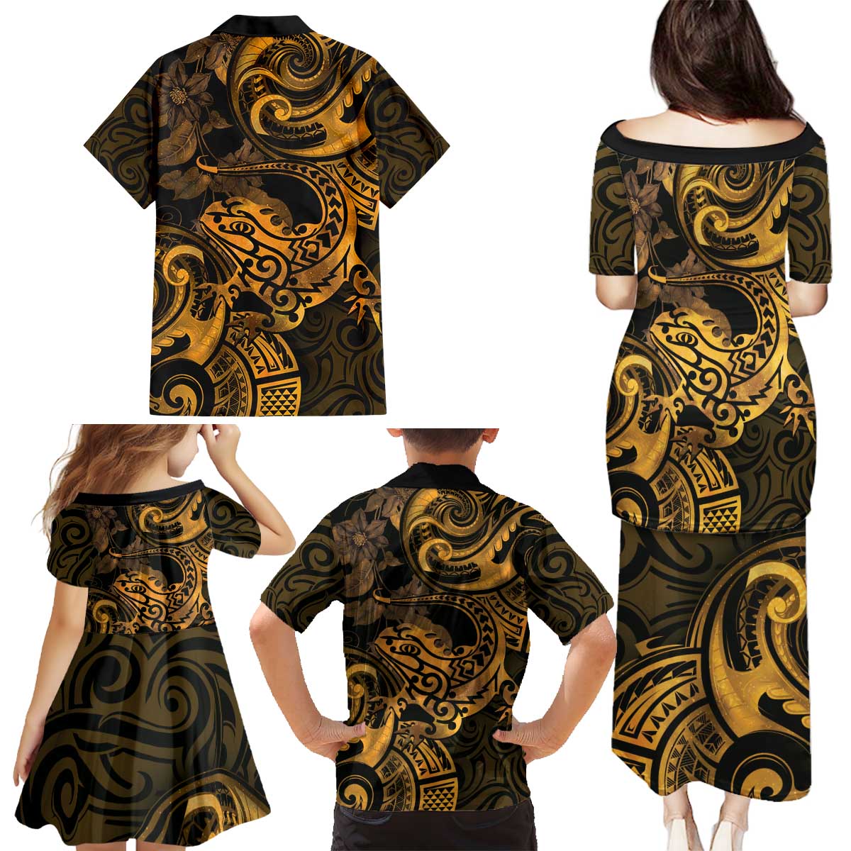 New Zealand Tuatara Family Matching Puletasi and Hawaiian Shirt Aotearoa Maori Clematis Flowers - Gold LT14 - Polynesian Pride