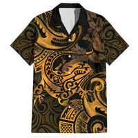 New Zealand Tuatara Family Matching Puletasi and Hawaiian Shirt Aotearoa Maori Clematis Flowers - Gold LT14 Dad's Shirt - Short Sleeve Gold - Polynesian Pride