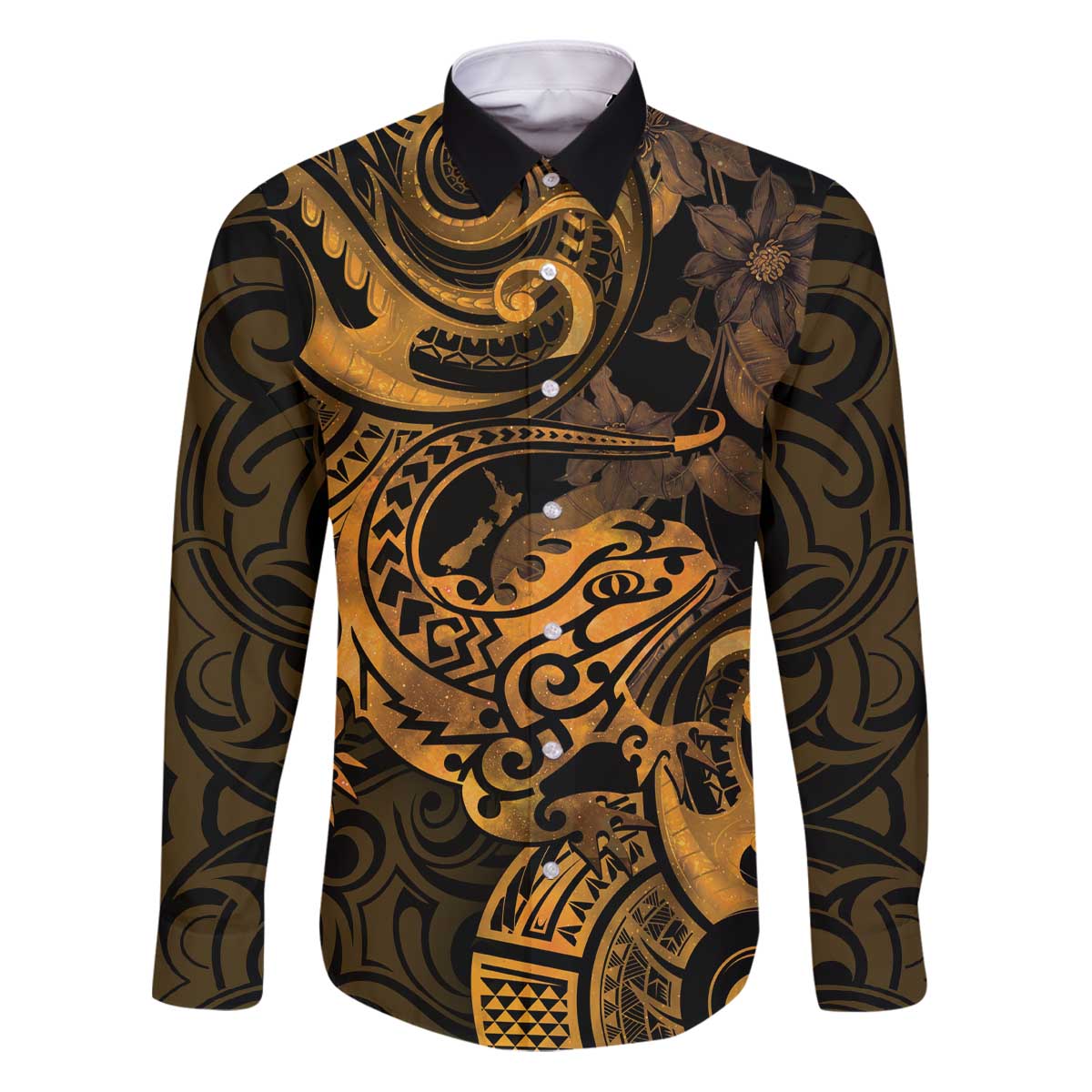New Zealand Tuatara Family Matching Puletasi and Hawaiian Shirt Aotearoa Maori Clematis Flowers - Gold LT14 Dad's Shirt - Long Sleeve Gold - Polynesian Pride