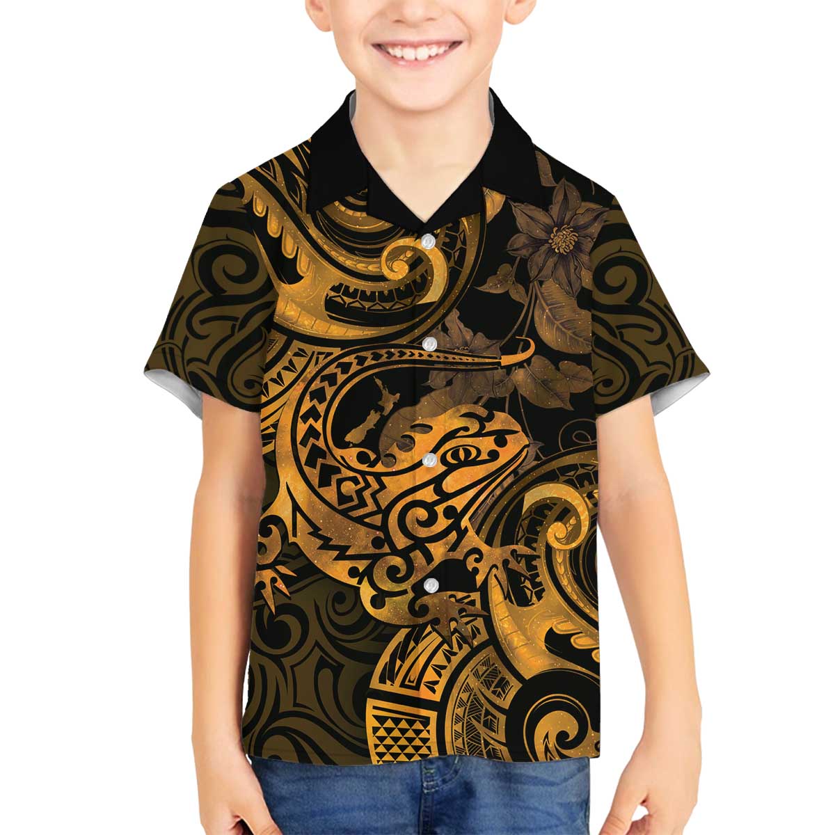 New Zealand Tuatara Family Matching Puletasi and Hawaiian Shirt Aotearoa Maori Clematis Flowers - Gold LT14 Son's Shirt Gold - Polynesian Pride