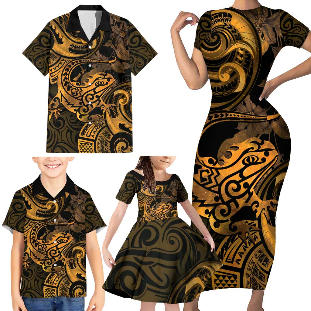 New Zealand Tuatara Family Matching Short Sleeve Bodycon Dress and Hawaiian Shirt Aotearoa Maori Clematis Flowers - Gold LT14 - Polynesian Pride