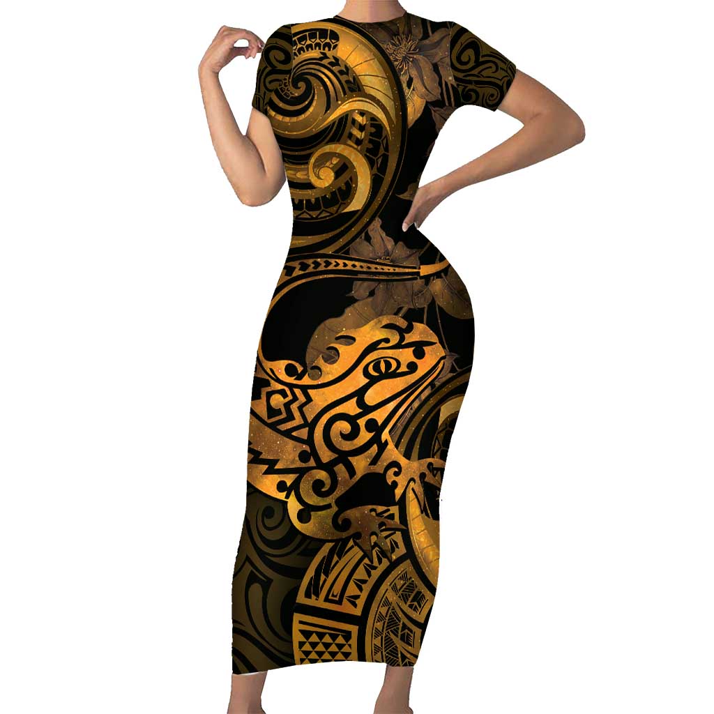 New Zealand Tuatara Family Matching Short Sleeve Bodycon Dress and Hawaiian Shirt Aotearoa Maori Clematis Flowers - Gold LT14 Mom's Dress Gold - Polynesian Pride