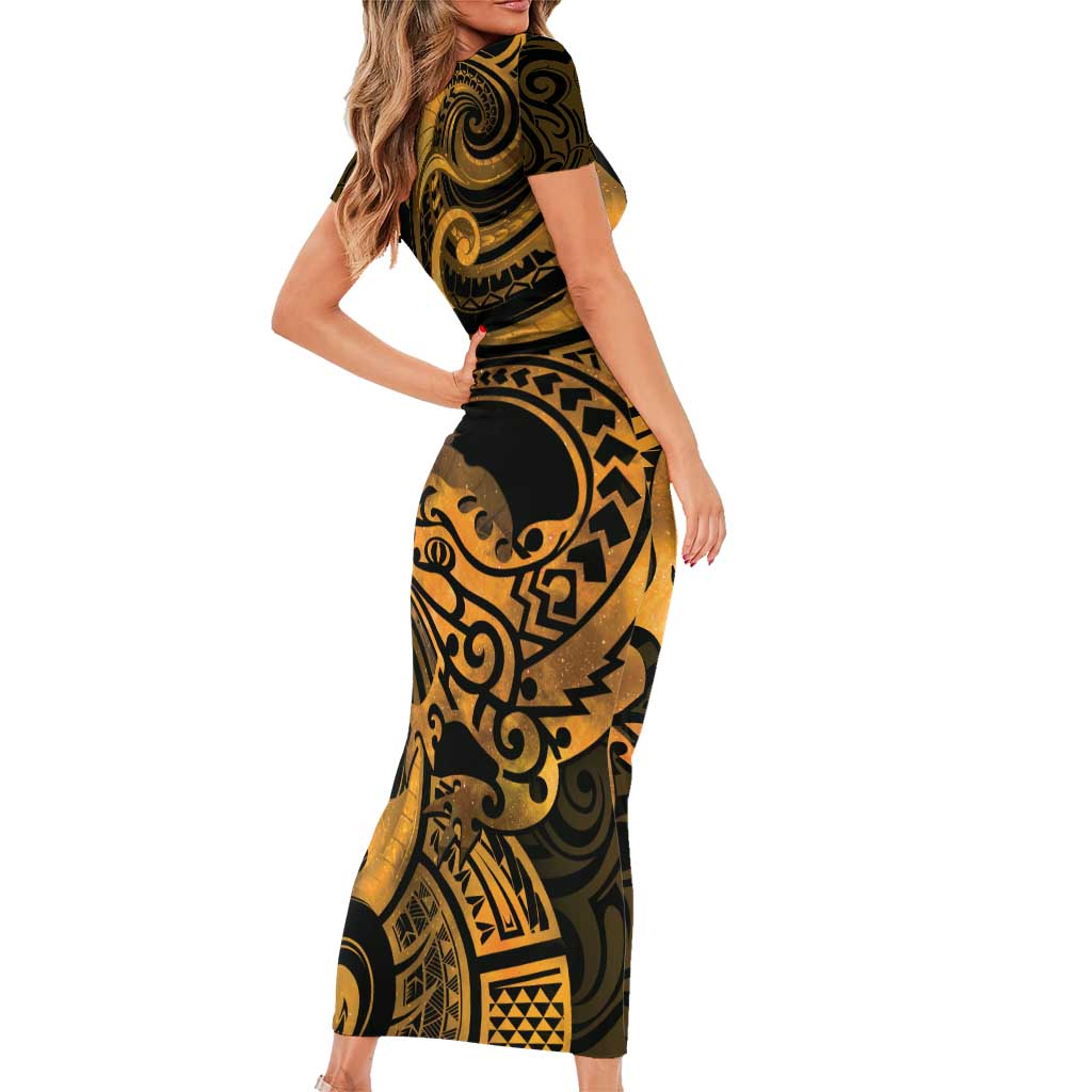 New Zealand Tuatara Family Matching Short Sleeve Bodycon Dress and Hawaiian Shirt Aotearoa Maori Clematis Flowers - Gold LT14 - Polynesian Pride