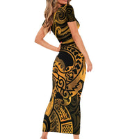 New Zealand Tuatara Family Matching Short Sleeve Bodycon Dress and Hawaiian Shirt Aotearoa Maori Clematis Flowers - Gold LT14 - Polynesian Pride