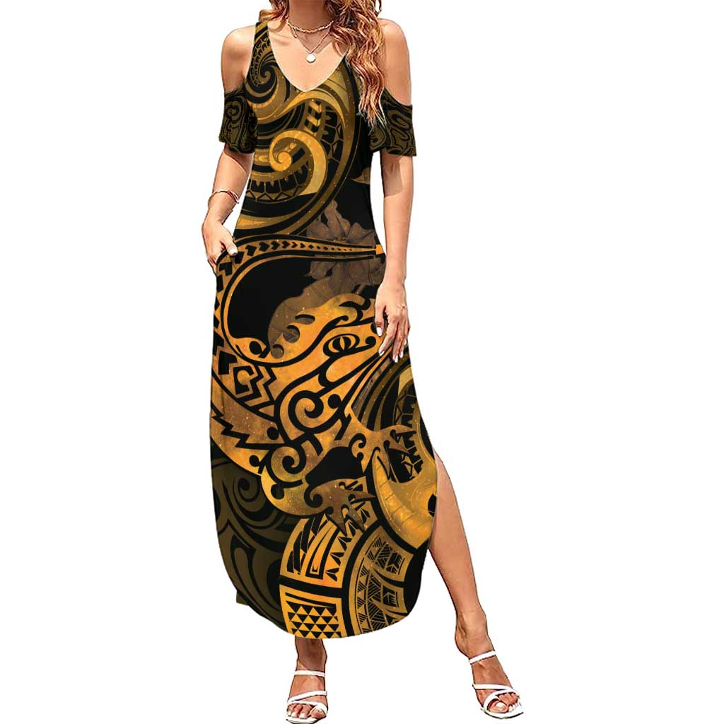 New Zealand Tuatara Family Matching Summer Maxi Dress and Hawaiian Shirt Aotearoa Maori Clematis Flowers - Gold LT14 Mom's Dress Gold - Polynesian Pride