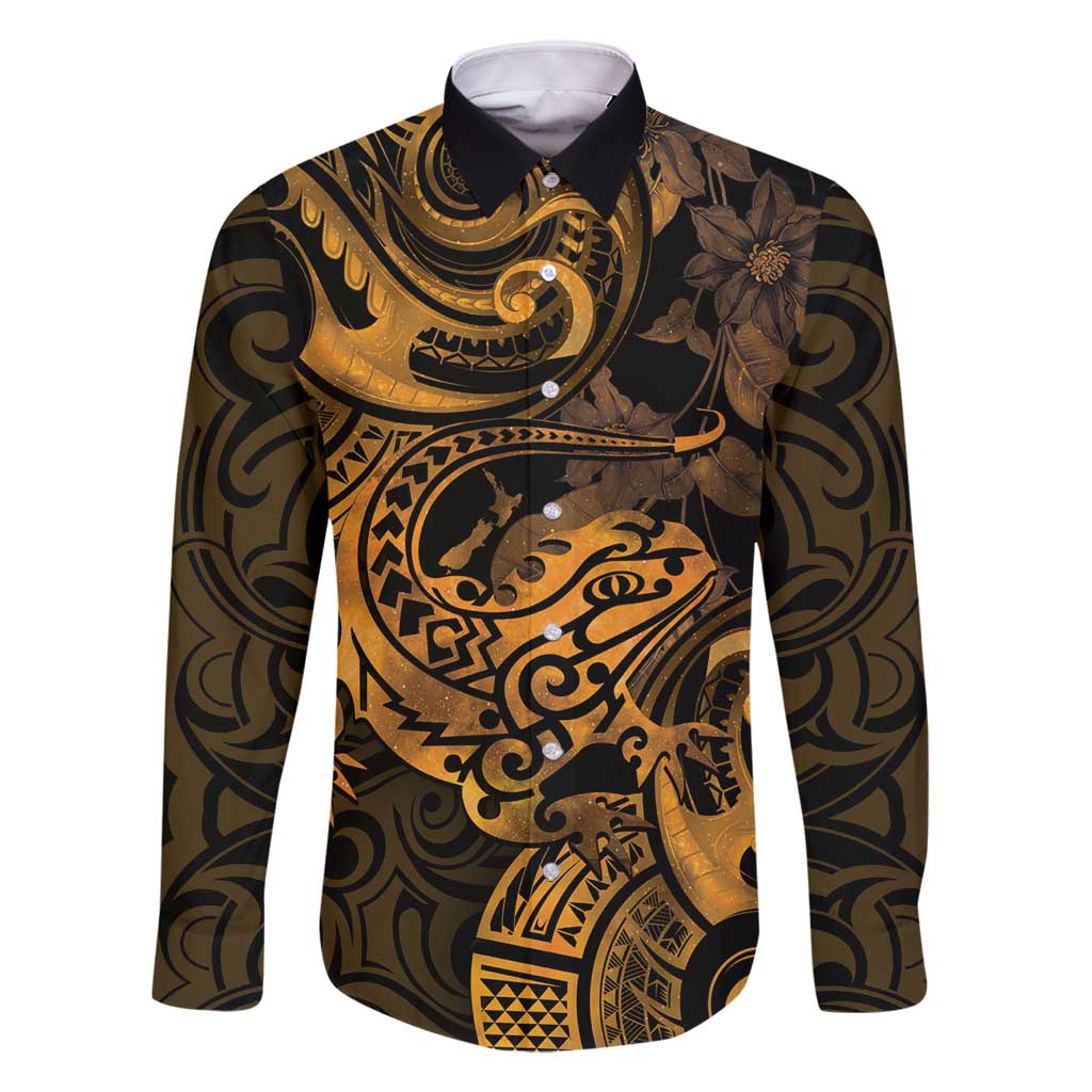 New Zealand Tuatara Family Matching Tank Maxi Dress and Hawaiian Shirt Aotearoa Maori Clematis Flowers - Gold LT14 Dad's Shirt - Long Sleeve Gold - Polynesian Pride