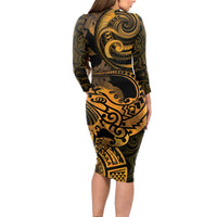 New Zealand Tuatara Long Sleeve Bodycon Dress Aotearoa Maori Clematis Flowers - Gold LT14 - Polynesian Pride