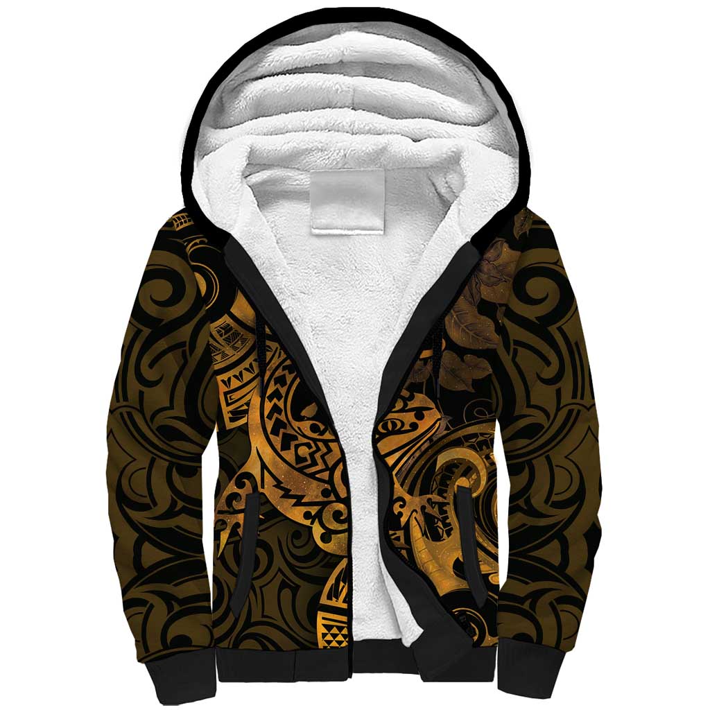 New Zealand Tuatara Sherpa Hoodie Aotearoa Maori Clematis Flowers - Gold LT14 Unisex Gold - Polynesian Pride