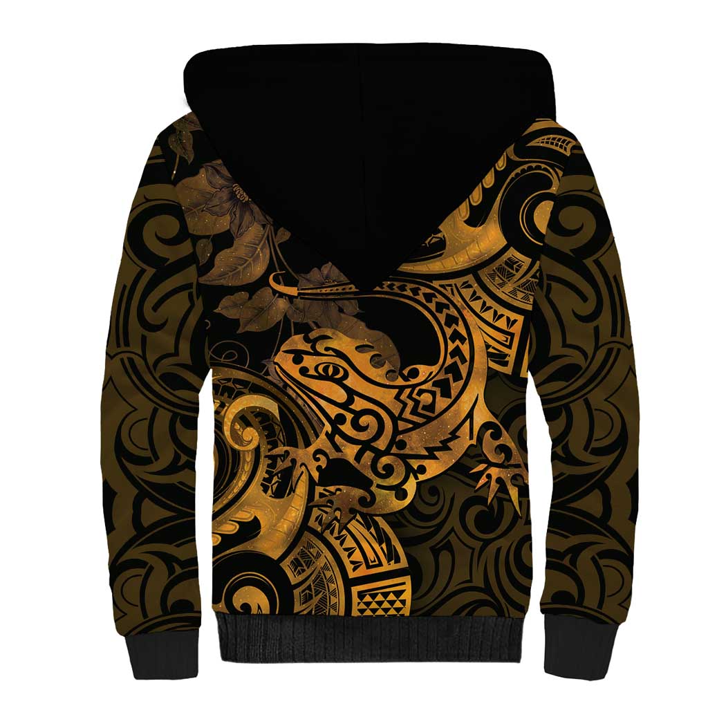 New Zealand Tuatara Sherpa Hoodie Aotearoa Maori Clematis Flowers - Gold LT14 - Polynesian Pride