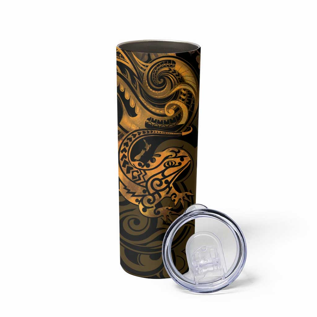 New Zealand Tuatara Skinny Tumbler Aotearoa Maori Clematis Flowers - Gold LT14 - Polynesian Pride