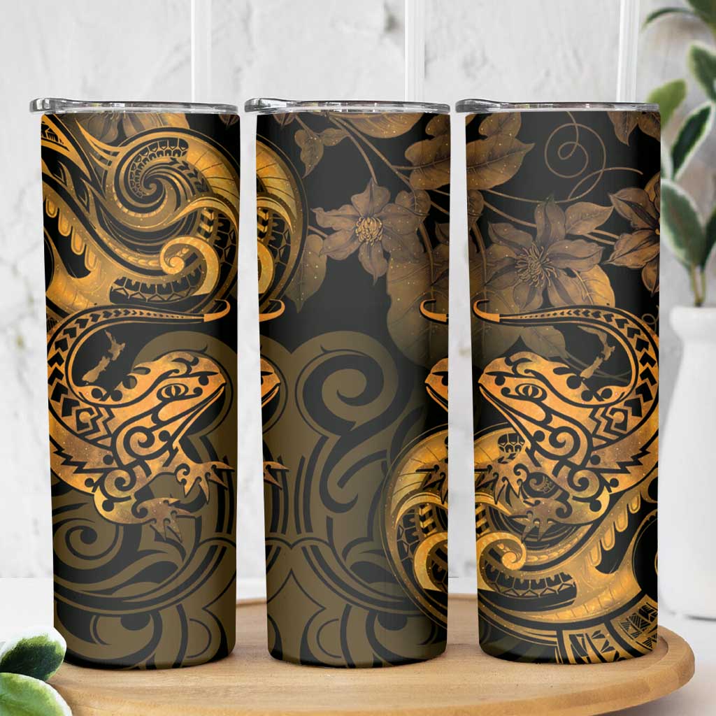 New Zealand Tuatara Skinny Tumbler Aotearoa Maori Clematis Flowers - Gold LT14 - Polynesian Pride