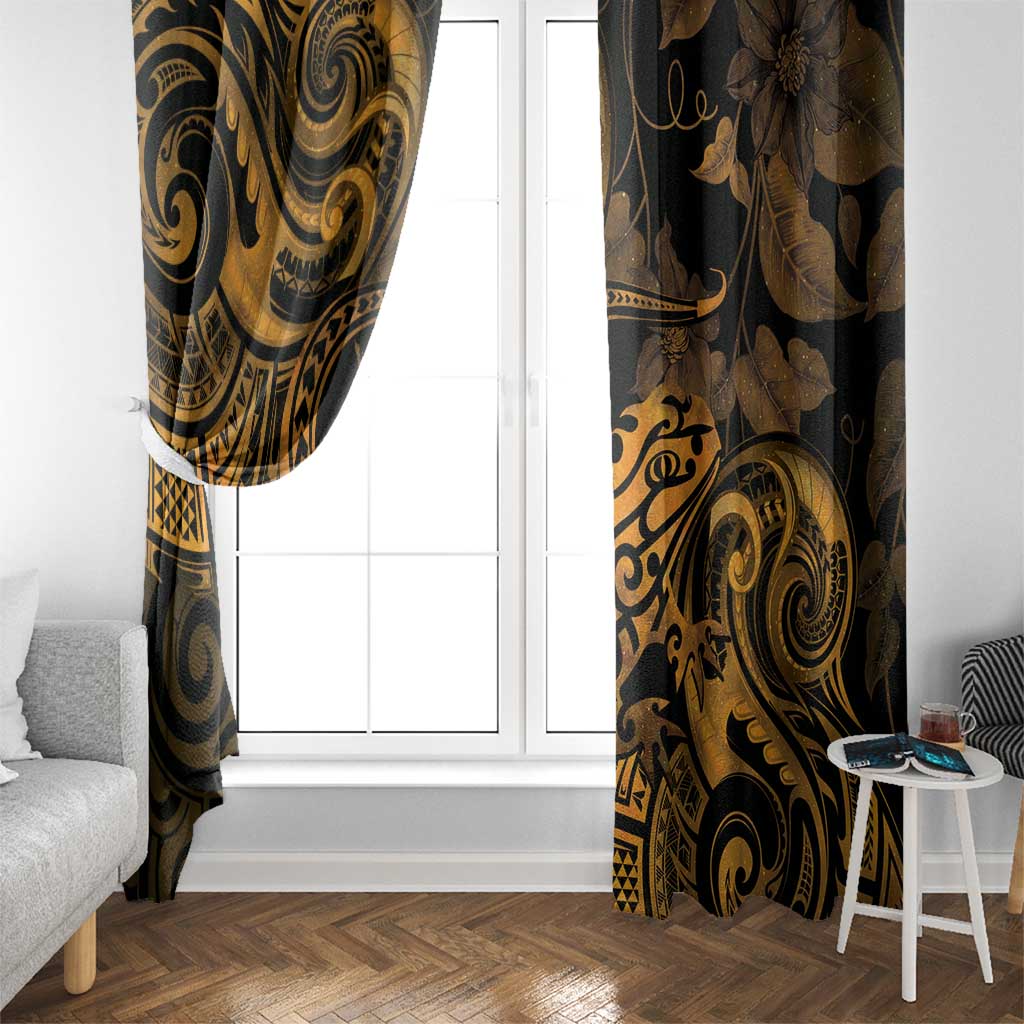 New Zealand Tuatara Window Curtain Aotearoa Maori Clematis Flowers - Gold