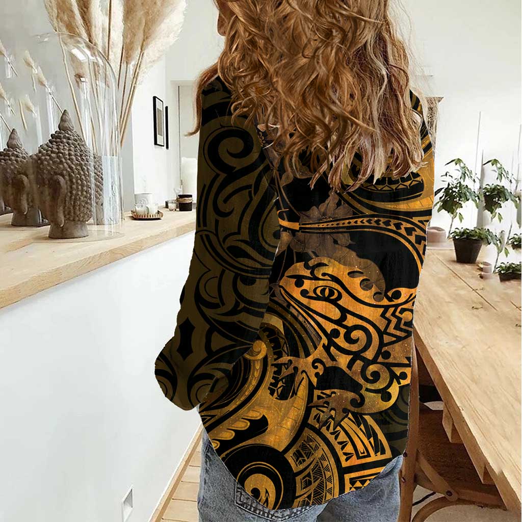 New Zealand Tuatara Women Casual Shirt Aotearoa Maori Clematis Flowers - Gold LT14 - Polynesian Pride