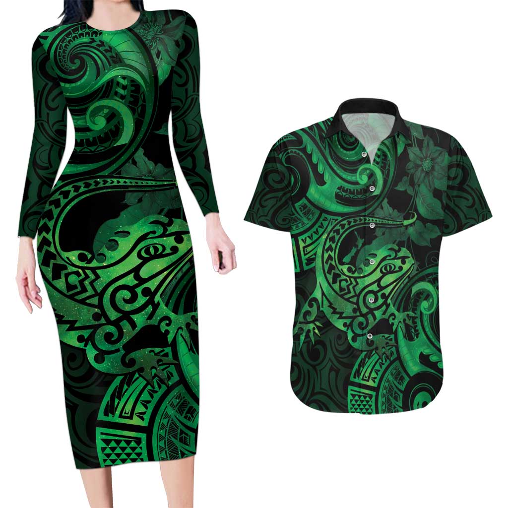 New Zealand Tuatara Couples Matching Long Sleeve Bodycon Dress and Hawaiian Shirt Aotearoa Maori Clematis Flowers - Green LT14 Green - Polynesian Pride