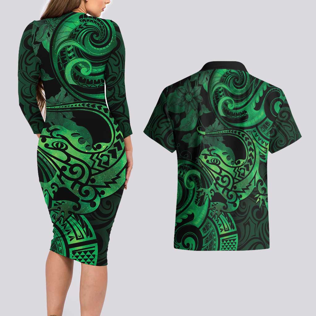 New Zealand Tuatara Couples Matching Long Sleeve Bodycon Dress and Hawaiian Shirt Aotearoa Maori Clematis Flowers - Green LT14 - Polynesian Pride