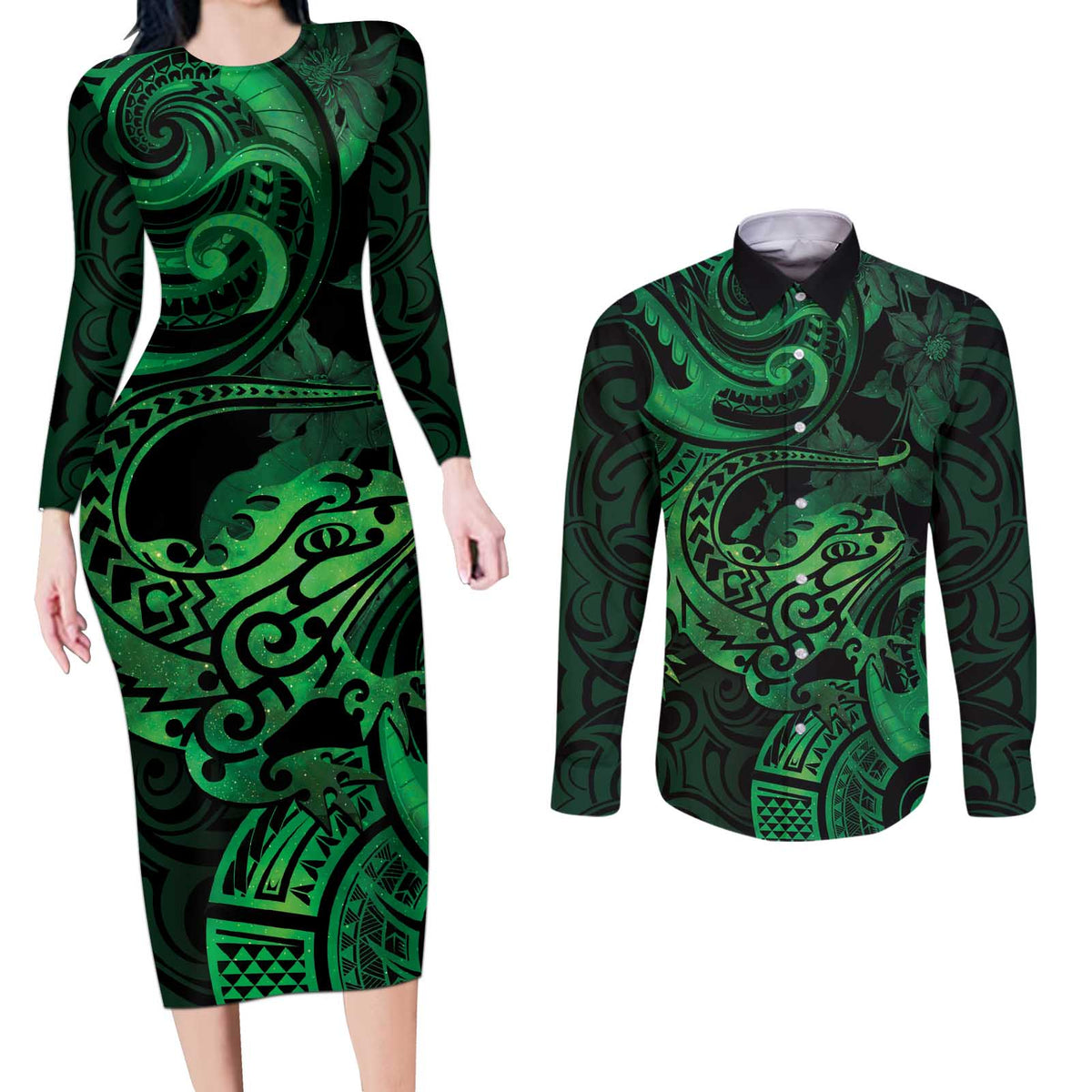 New Zealand Tuatara Couples Matching Long Sleeve Bodycon Dress and Long Sleeve Button Shirt Aotearoa Maori Clematis Flowers - Green LT14 Green - Polynesian Pride
