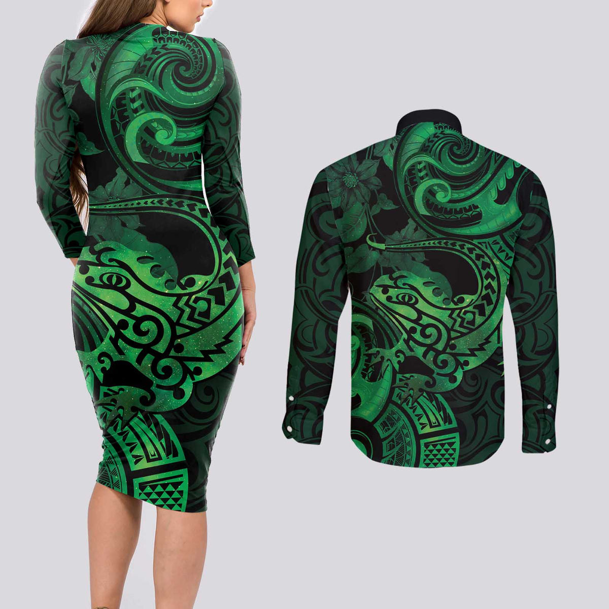 New Zealand Tuatara Couples Matching Long Sleeve Bodycon Dress and Long Sleeve Button Shirt Aotearoa Maori Clematis Flowers - Green LT14 - Polynesian Pride