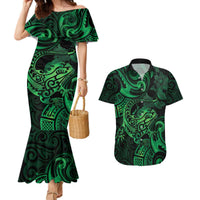New Zealand Tuatara Couples Matching Mermaid Dress and Hawaiian Shirt Aotearoa Maori Clematis Flowers - Green LT14 Green - Polynesian Pride