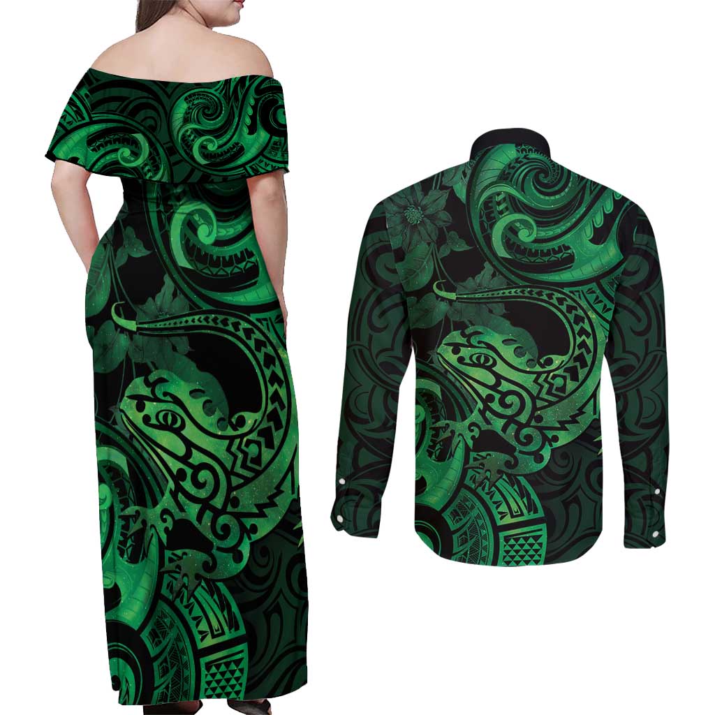 New Zealand Tuatara Couples Matching Off Shoulder Maxi Dress and Long Sleeve Button Shirt Aotearoa Maori Clematis Flowers - Green LT14 - Polynesian Pride