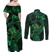 New Zealand Tuatara Couples Matching Off Shoulder Maxi Dress and Long Sleeve Button Shirt Aotearoa Maori Clematis Flowers - Green LT14 - Polynesian Pride
