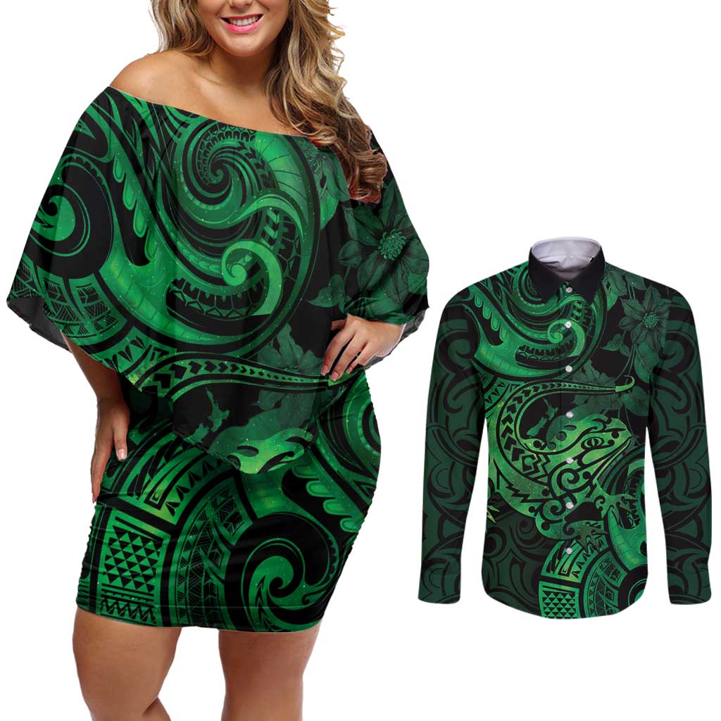 New Zealand Tuatara Couples Matching Off Shoulder Short Dress and Long Sleeve Button Shirt Aotearoa Maori Clematis Flowers - Green LT14 Green - Polynesian Pride