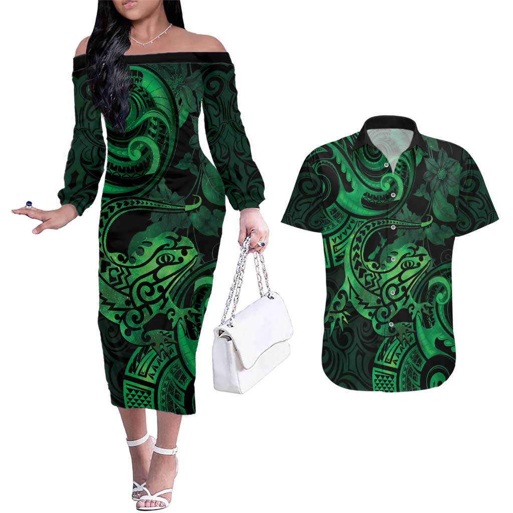 New Zealand Tuatara Couples Matching Off The Shoulder Long Sleeve Dress and Hawaiian Shirt Aotearoa Maori Clematis Flowers - Green LT14 Green - Polynesian Pride