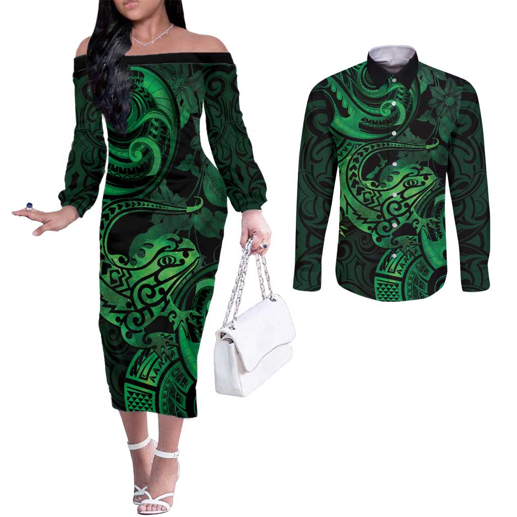 New Zealand Tuatara Couples Matching Off The Shoulder Long Sleeve Dress and Long Sleeve Button Shirt Aotearoa Maori Clematis Flowers - Green LT14 Green - Polynesian Pride