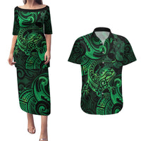 New Zealand Tuatara Couples Matching Puletasi and Hawaiian Shirt Aotearoa Maori Clematis Flowers - Green LT14 Green - Polynesian Pride