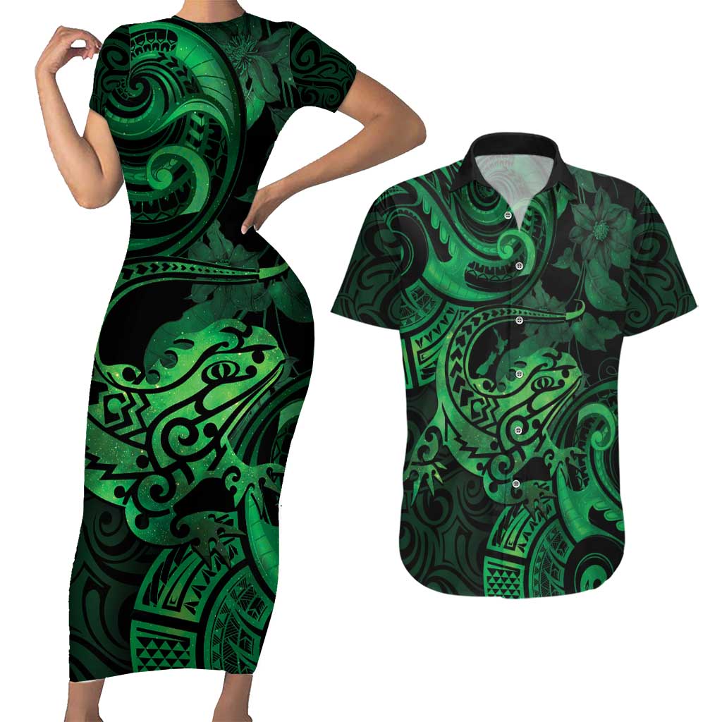 New Zealand Tuatara Couples Matching Short Sleeve Bodycon Dress and Hawaiian Shirt Aotearoa Maori Clematis Flowers - Green LT14 Green - Polynesian Pride