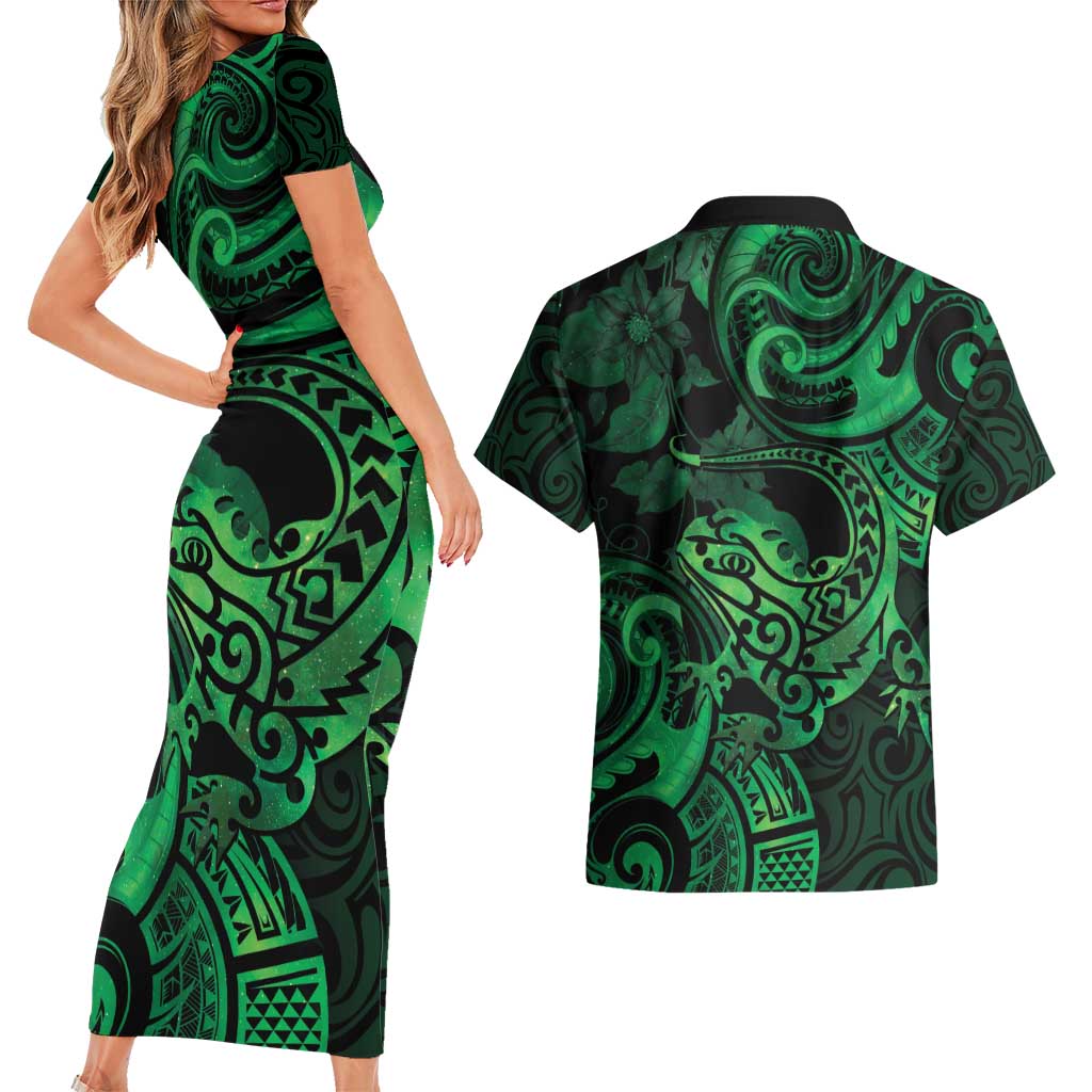 New Zealand Tuatara Couples Matching Short Sleeve Bodycon Dress and Hawaiian Shirt Aotearoa Maori Clematis Flowers - Green LT14 - Polynesian Pride