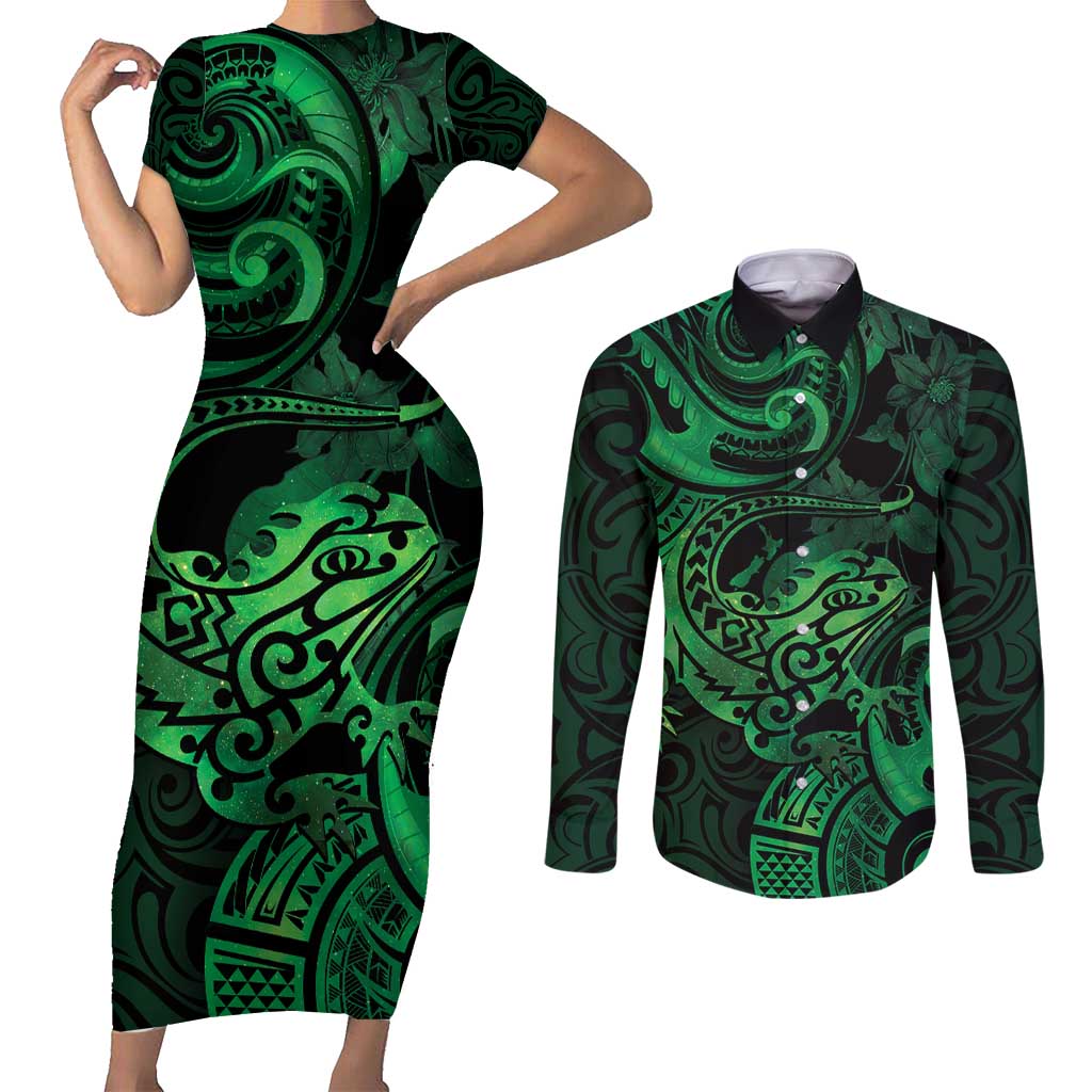 New Zealand Tuatara Couples Matching Short Sleeve Bodycon Dress and Long Sleeve Button Shirt Aotearoa Maori Clematis Flowers - Green LT14 Green - Polynesian Pride