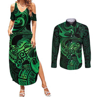 New Zealand Tuatara Couples Matching Summer Maxi Dress and Long Sleeve Button Shirt Aotearoa Maori Clematis Flowers - Green LT14 Green - Polynesian Pride