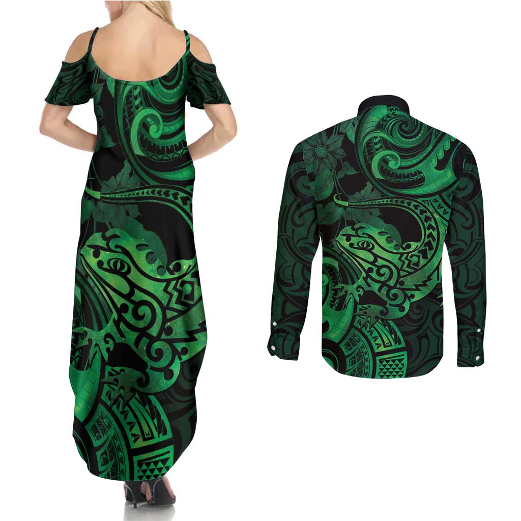 New Zealand Tuatara Couples Matching Summer Maxi Dress and Long Sleeve Button Shirt Aotearoa Maori Clematis Flowers - Green LT14 - Polynesian Pride