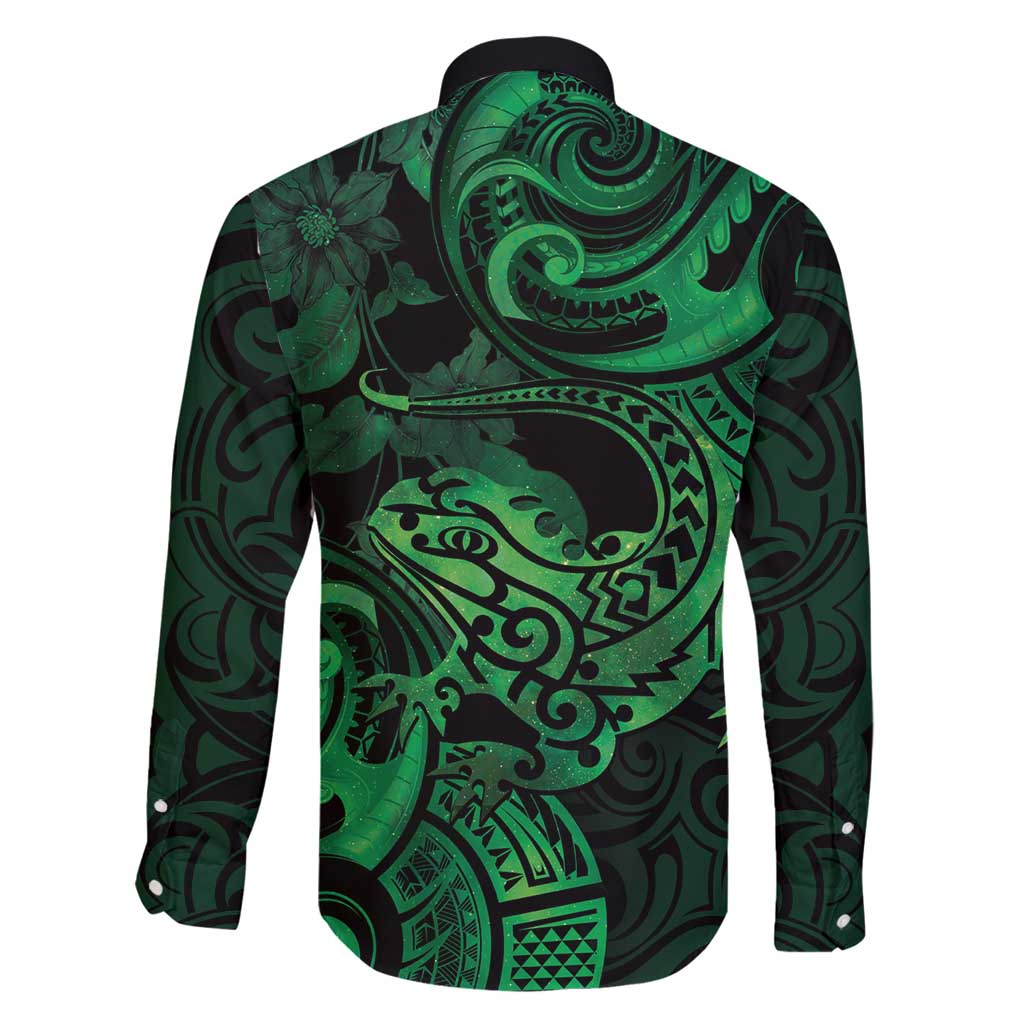 New Zealand Tuatara Family Matching Long Sleeve Bodycon Dress and Hawaiian Shirt Aotearoa Maori Clematis Flowers - Green LT14 - Polynesian Pride