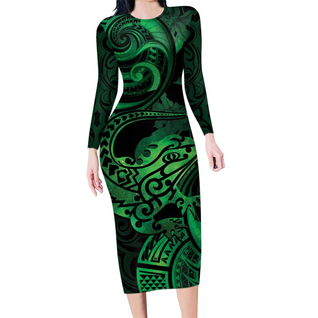 New Zealand Tuatara Family Matching Long Sleeve Bodycon Dress and Hawaiian Shirt Aotearoa Maori Clematis Flowers - Green LT14 Mom's Dress Green - Polynesian Pride