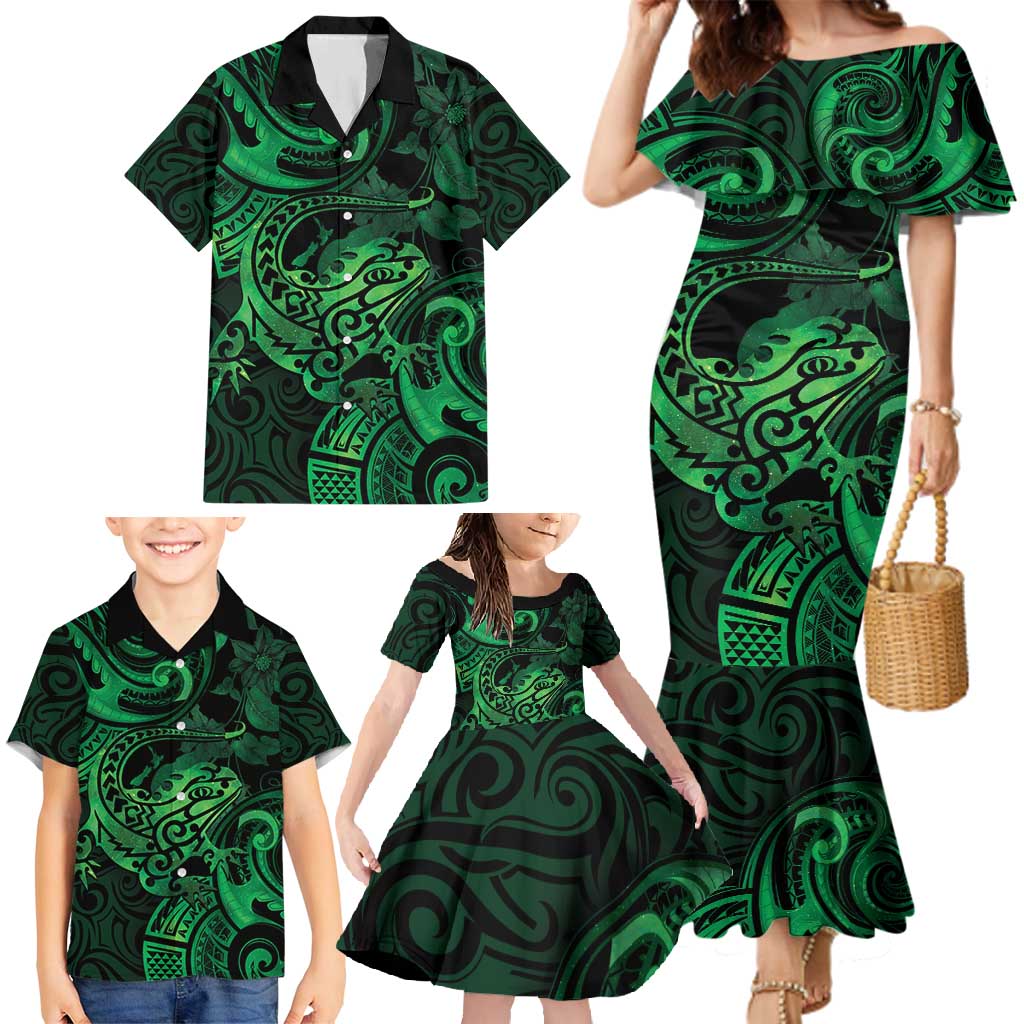 New Zealand Tuatara Family Matching Mermaid Dress and Hawaiian Shirt Aotearoa Maori Clematis Flowers - Green LT14 - Polynesian Pride