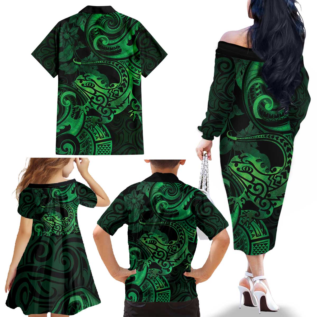 New Zealand Tuatara Family Matching Off The Shoulder Long Sleeve Dress and Hawaiian Shirt Aotearoa Maori Clematis Flowers - Green LT14 - Polynesian Pride