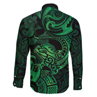 New Zealand Tuatara Family Matching Off The Shoulder Long Sleeve Dress and Hawaiian Shirt Aotearoa Maori Clematis Flowers - Green LT14 - Polynesian Pride