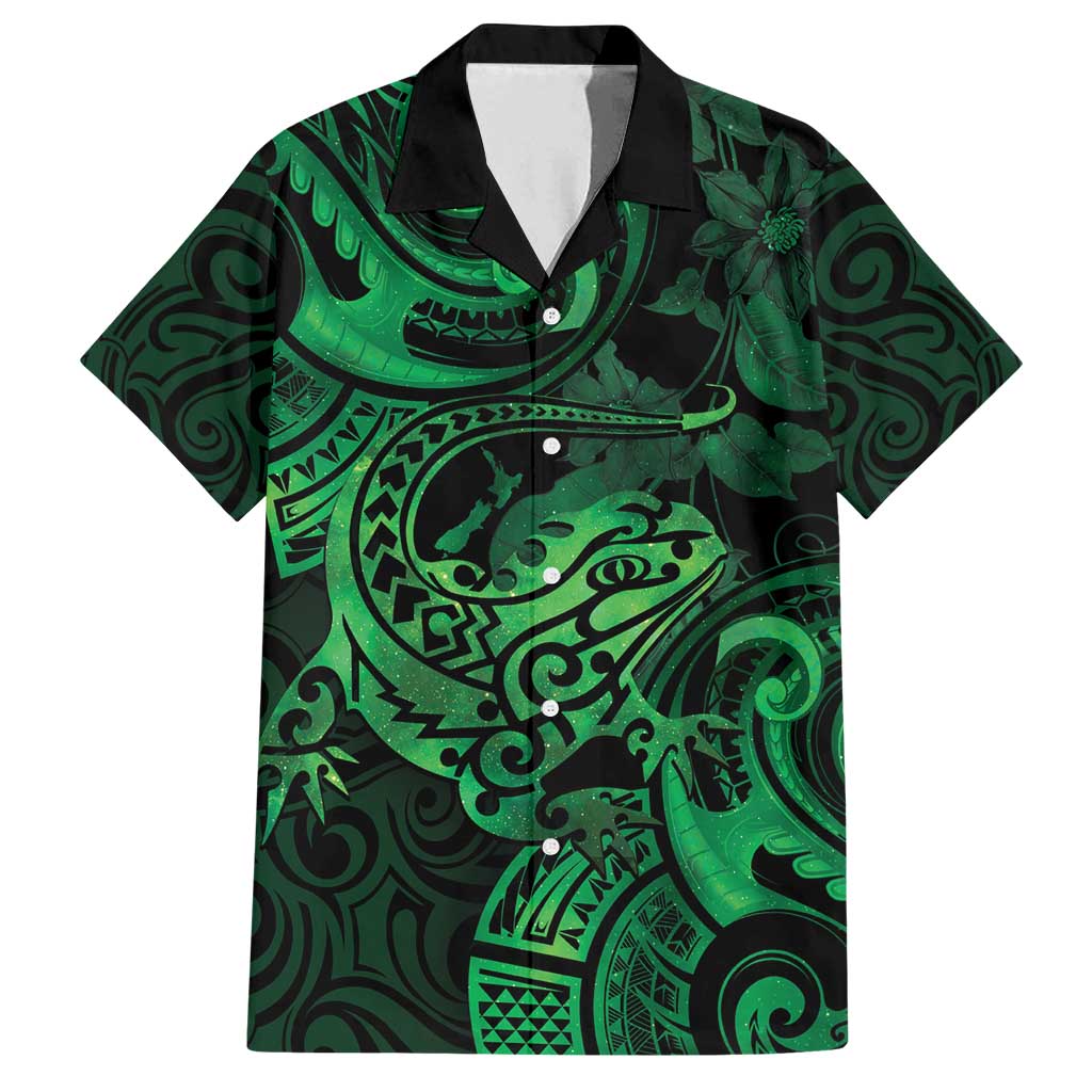 New Zealand Tuatara Family Matching Off Shoulder Maxi Dress and Hawaiian Shirt Aotearoa Maori Clematis Flowers - Green LT14 Dad's Shirt - Short Sleeve Green - Polynesian Pride