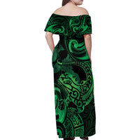 New Zealand Tuatara Family Matching Off Shoulder Maxi Dress and Hawaiian Shirt Aotearoa Maori Clematis Flowers - Green LT14 - Polynesian Pride