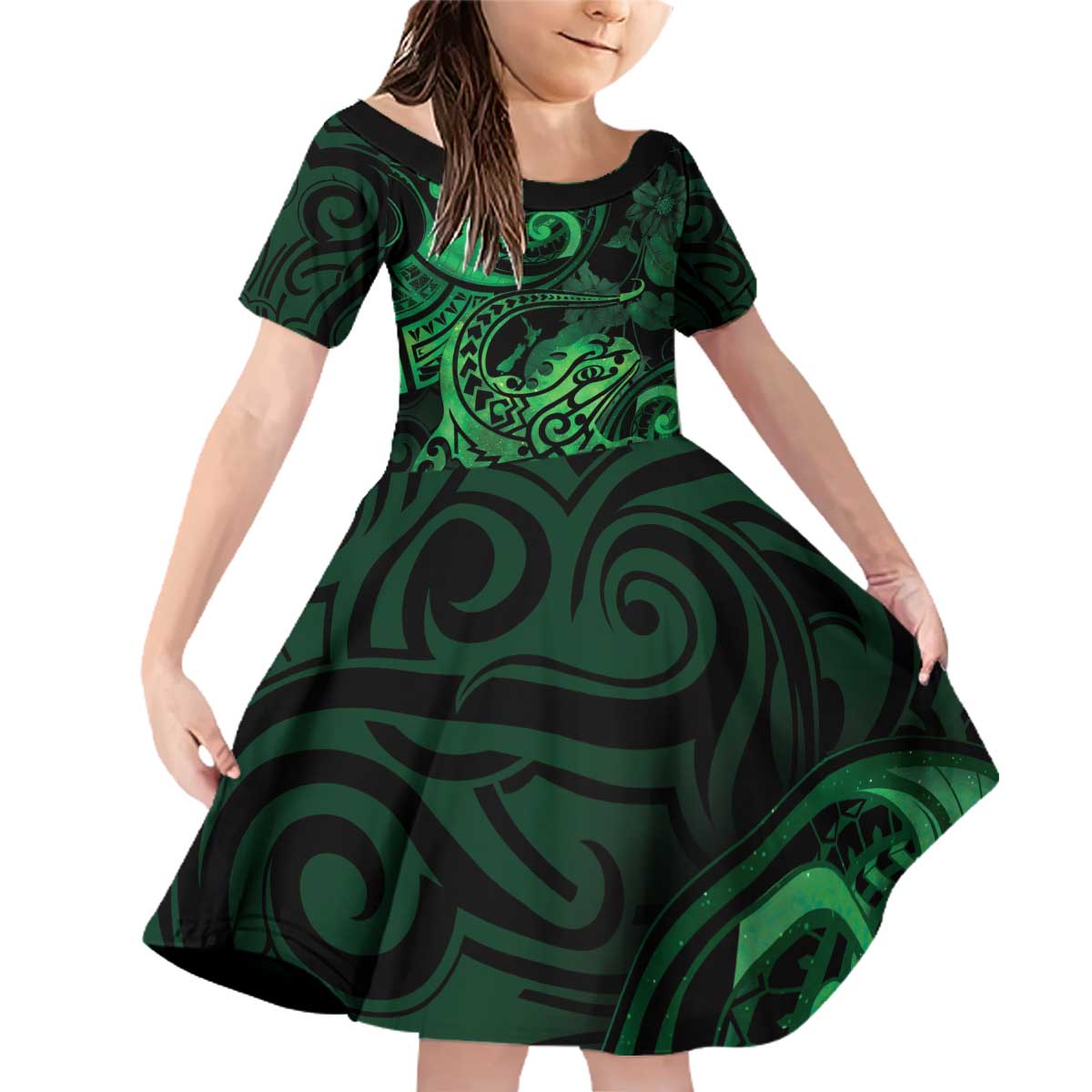 New Zealand Tuatara Family Matching Off Shoulder Short Dress and Hawaiian Shirt Aotearoa Maori Clematis Flowers - Green LT14 Daughter's Dress Green - Polynesian Pride