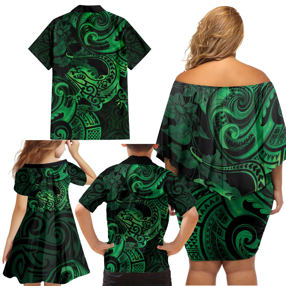 New Zealand Tuatara Family Matching Off Shoulder Short Dress and Hawaiian Shirt Aotearoa Maori Clematis Flowers - Green LT14 - Polynesian Pride